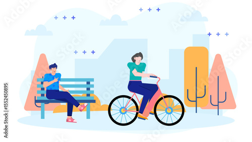 People relaxing in a park, one biking, one sitting. Suitable for outdoor lifestyle, leisure activities, city park scenes, relaxation concepts.
