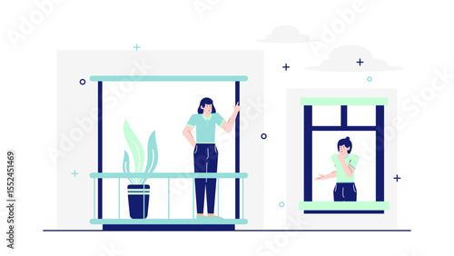 Two people conversing across balconies, separated by a building gap. Perfect for illustrating social connectivity, urban lifestyle, or communication themes.
