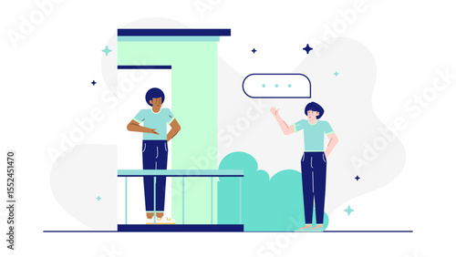 Two people converse from separate balconies. Suitable for concepts of outdoor communication, social distancing, urban lifestyle, and neighborhood interactions.