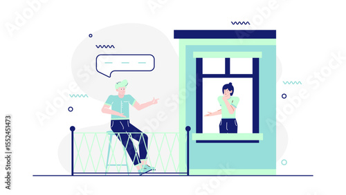 Two people socializing safely by next to a buildings window. Suitable for illustrating social distancing, communication, urban lifestyle concepts.