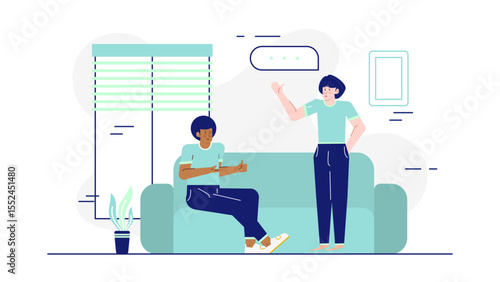 Two people chat on teal sofa. Suitable for depicting cozy conversations, interior design, home decor, relationships, friendship, or casual meetings.