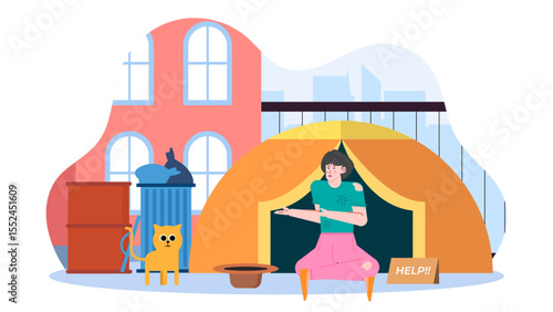 Homeless person pleading by city building. Suitable for charity organizations, social awareness campaigns, urban poverty articles, homeless shelters websites.