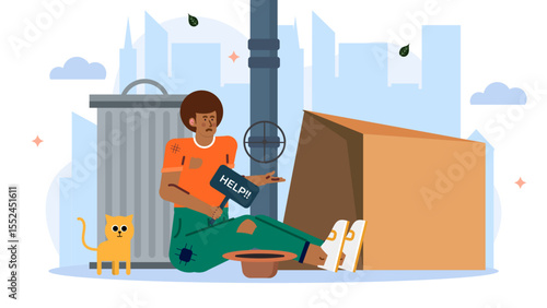 Homeless man holding cat beside a city trash bin, seeking assistance. Illustrates urban poverty and the bond between humans and pets.