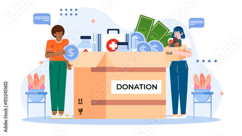 People donating money, supplies, and goods in a charitable event. Suitable for charities, fundraising events, donations campaigns, community service.