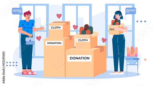 Two people donate clothes in labeled boxes, suitable for charity, donations, clothing drive, community service, volunteerism concepts.