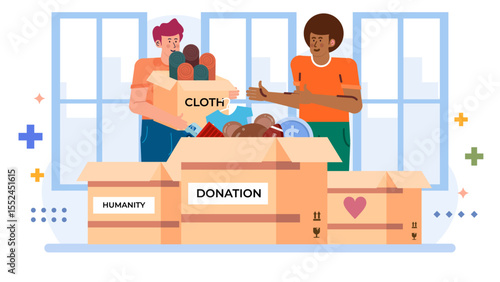 Two men donate clothing and goods to charity boxes. Suitable for charity, donation, generosity, community, giving, kindness, and social issues concepts.