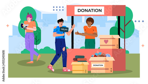 Donation drive concept with diverse group of people giving and receiving help, suitable for charity events and community outreach campaigns.