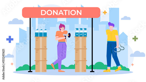 Donation drive for cleaning supplies in a city. Suitable for charity campaigns, social outreach promotions, community service advertisements.