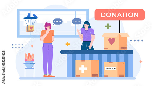 Two women donating boxes at a charitable donation center. Suitable for illustrating charity, generosity, giving back, community support concepts.