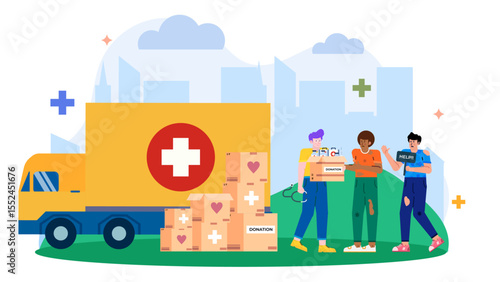 People donating medical supplies via truck. Suitable for charity organizations, healthcare campaigns, and disaster relief projects promotion materials.