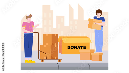 Two people donating cardboard boxes near city buildings. Perfect for charity, donation, urban altruism, community support, volunteering, and social work concepts.