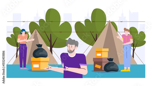 Three people near tents and belongings behind a fence. Suitable for travel, camping, outdoor adventure, community, diversity concepts.