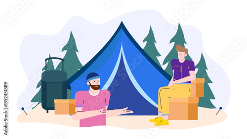 Two men unpack near a blue tent in a wooded area. Camping, outdoor adventure, hiking, friendship, tent setup, nature scenes.