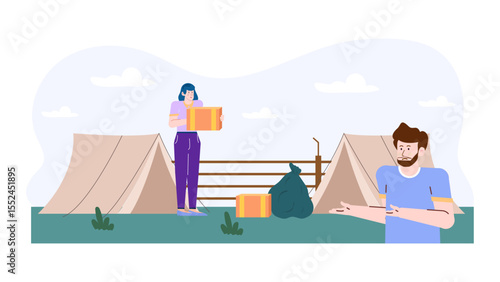 Unpacking boxes outdoors near tents, a couple organizes camping gear. Suitable for outdoor lifestyle, adventure, camping, and travel concepts.