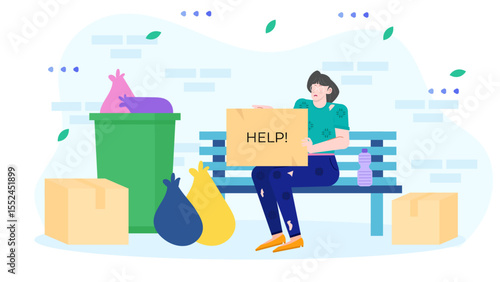 Homeless woman seeks assistance on bench with help sign. Suitable for charity campaigns, homelessness awareness, social issues editorials.