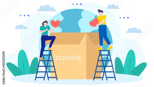 Two people donating hearts to a large donation box. Suitable for charity fundraising campaigns, organ donation awareness, philanthropy events.
