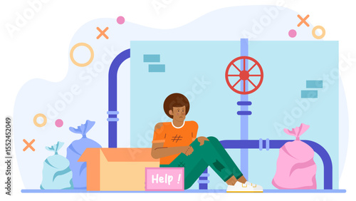Sad person sits near trash bags needing help. Suitable for charity campaigns, environmental awareness ads, and homelessness related designs.