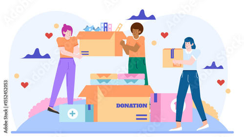 People donate clothing and supplies into boxes. Suitable for charity, donation, clothing drive, community support, giving back, philanthropy, and humanitarian aid concepts.