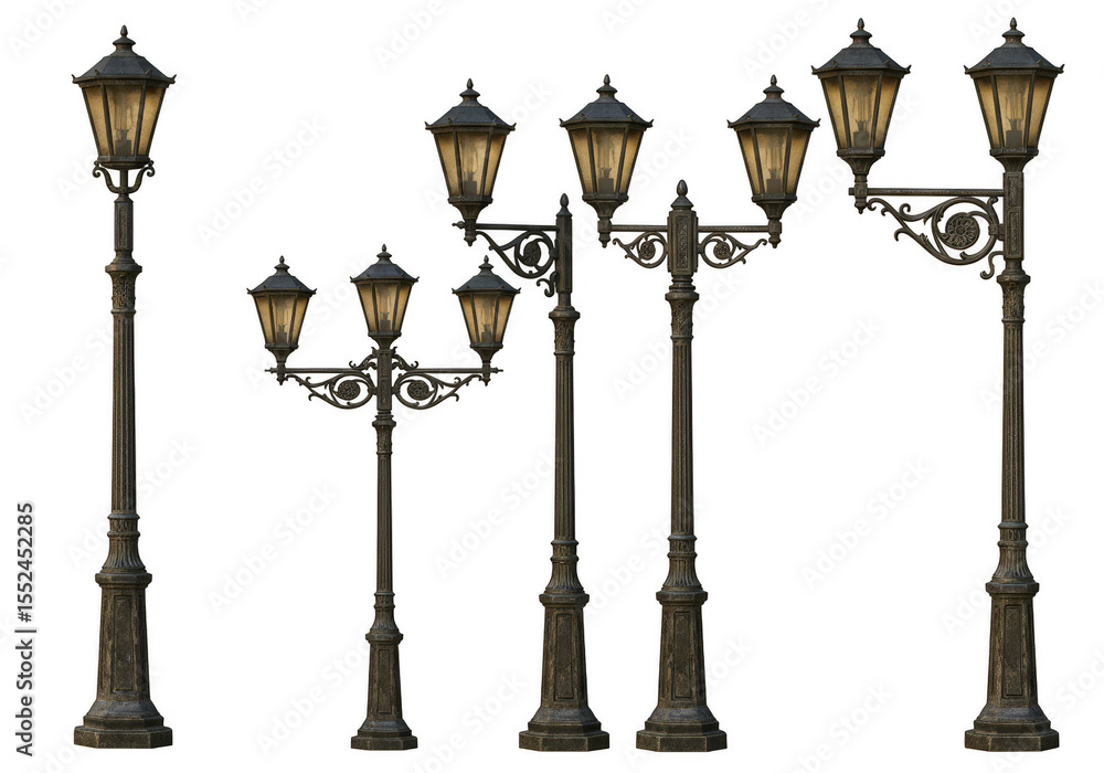 Isolated Group of Old Street Lamps at Night with Transparent BG Isolated Group of Old Street Lamps at Night with Transparent BG