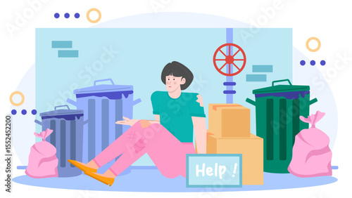 Needy person sitting near trash cans seeking assistance, suitable for charity and homelessness awareness campaigns or motivational material.