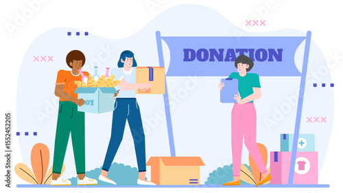 Illustration of people donating food and supplies at a donation drive. Suitable for charity campaigns and social responsibility themed projects.