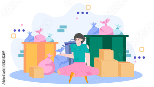 Person near trash bags and boxes, symbolizing homelessness. Suitable for social issues, poverty awareness, and nonprofit campaigns. Sympathetic, reallife visuals.