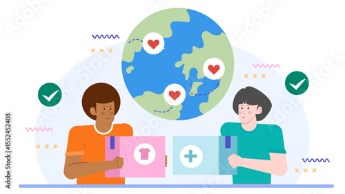 Global clothing and medicine donation depicted with two individuals. Ideal for charity, humanitarian, healthcare, and social awareness concepts.