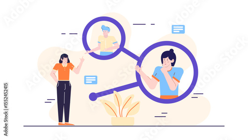 Woman linking two colleagues virtually, ideal for illustrating remote work, online meeting, teamwork, collaboration, technology, communication, and digital networking.