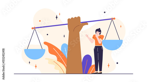 Woman looking at unbalanced scale in a large hand, symbolizing inequality, justice, discrimination. Ideal for social justice, law, equality concepts.
