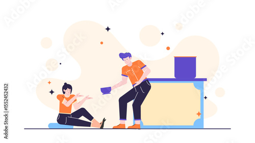 Man offers a woman a bowl, conveying charity or kindness. Suitable for social issues, poverty, generosity, support, community assistance visuals.