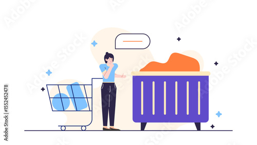 Woman contemplating decluttering by tossing items into a dumpster, suitable for illustrating cleaning, decluttering, organization, waste disposal concepts.