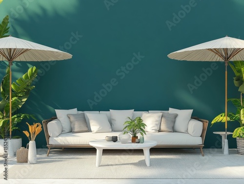 Outdoor patio lounge area with teal wall and white furniture