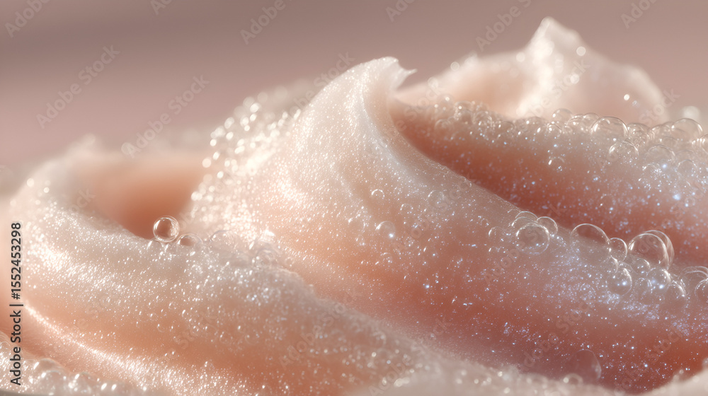 Obraz premium Swirls of sparkling, light pink cream with tiny water droplets clinging to its surface. Macro beauty shot.