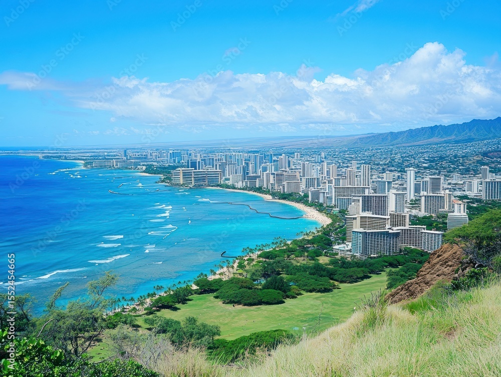 Naklejka premium Panoramic view of Honolulu cityscape, coastline, and ocean. Lush green parkland and high-rise buildings meet the turquoise water under a vibrant blue sky