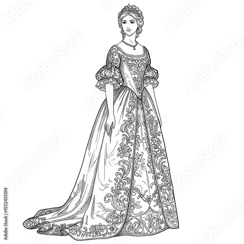 Isolated Illustration of Woman in Floral Gown in White and Black