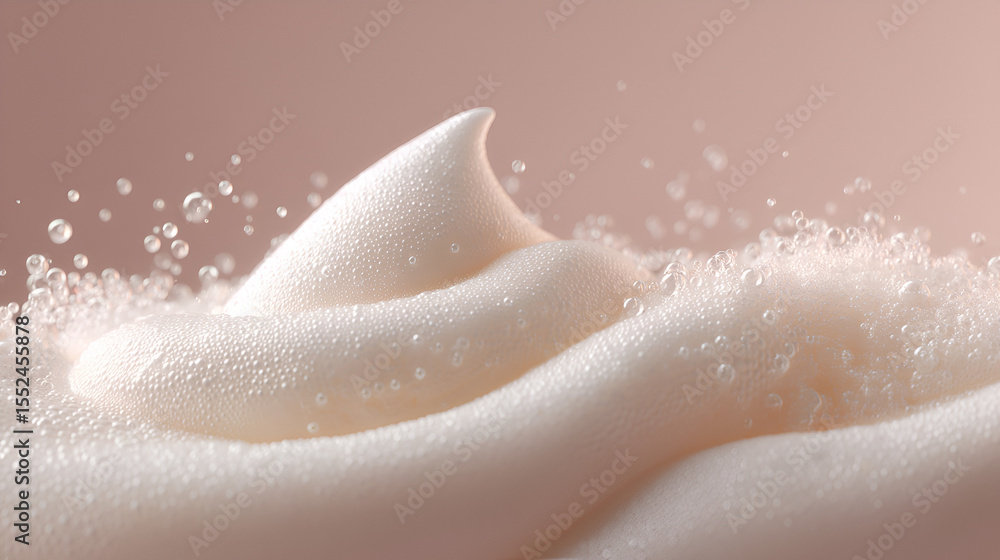 Fototapeta premium Luxurious, dense white foam with small bubbles, against a soft, blurred pink background. Sensual texture.