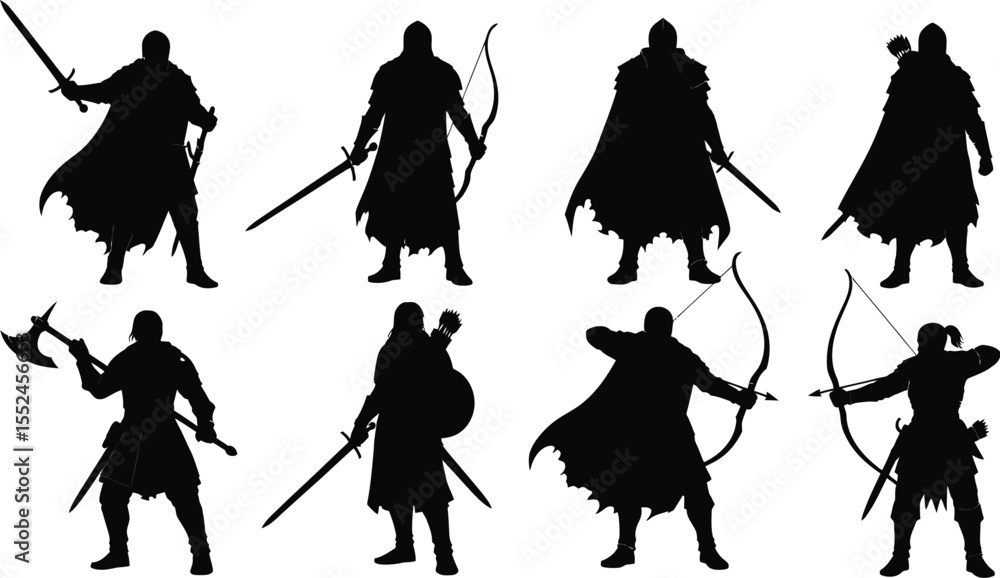 Obraz premium Medieval Fantasy Character Silhouettes - Adventure & Combat Icons
