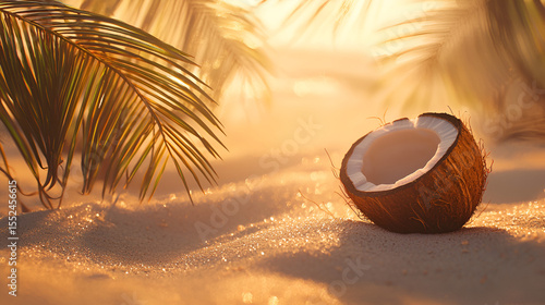 Tropical paradise: Half coconut on sparkling sandy beach at sunset with palm leaves in soft focus.