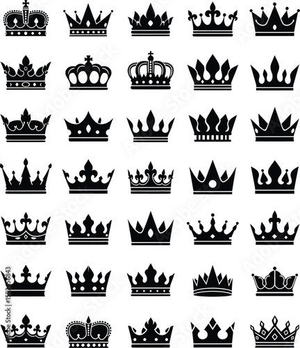 Black & White Crown Icons - Diverse Royal & Regal Collection