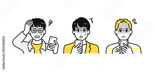 スマートフォン 青ざめる 若い男性 アイコン イラスト セット
