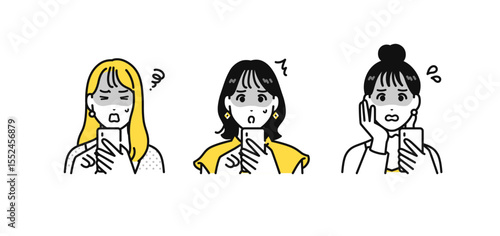 スマホ 青ざめる 若い女性 アイコン イラスト セット