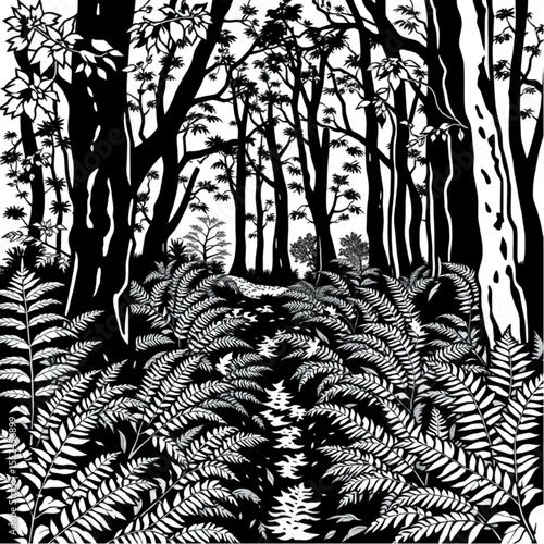 A woodland glade carpeted with ferns
