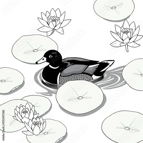 A wood duck swimming amongst lily pads