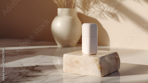 Minimalist skincare on marble, styled with natural light and earthy tones, exudes serene beauty.