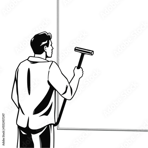 A window cleaner polishing glass in morning sun
