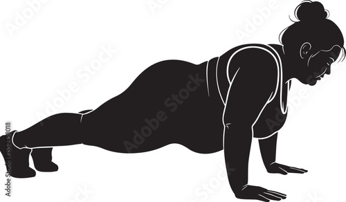 Plus-size woman doing a plank exercise, highlighting body positivity and fitness.