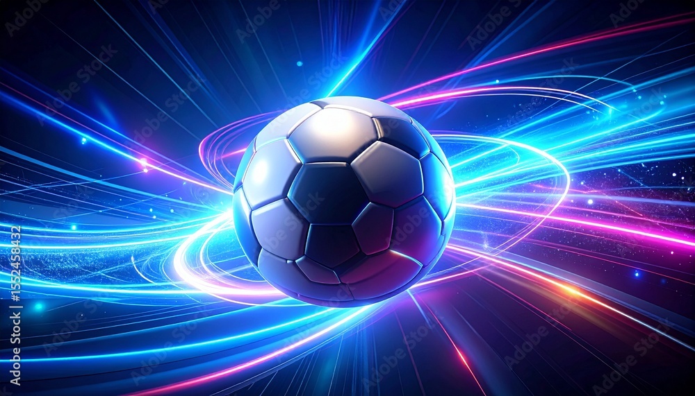 Obraz premium Football Energy: A captivating digital artwork that captures the dynamic essence of a football, enveloped by mesmerizing trails of light and energy. A perfect illustration of speed, motion.