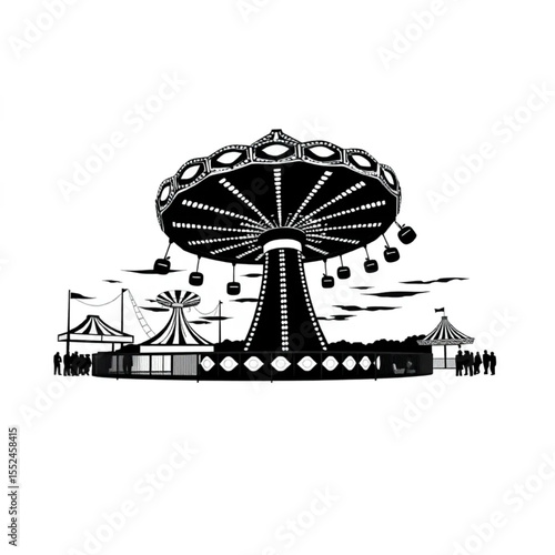 A travelling carnival with rides spinning against ...