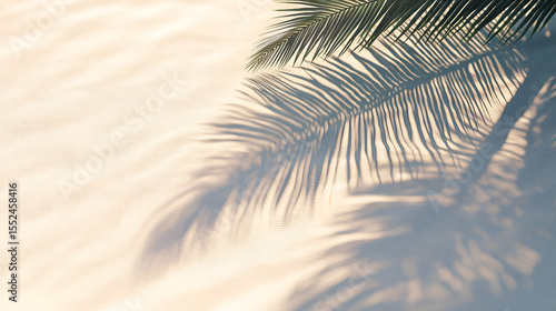 Palm frond and shadows create a tropical vibe on a sandy beach. The patterns and lines suggest relaxation.