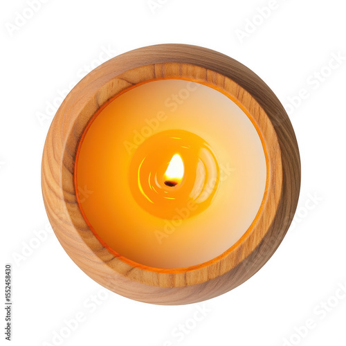 Burning candle in wooden holder top view isolated on transparent background